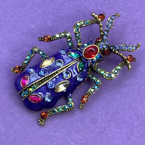 unsigned Jewelry - Royal Blue  Beetle Brooch with Gem Accents